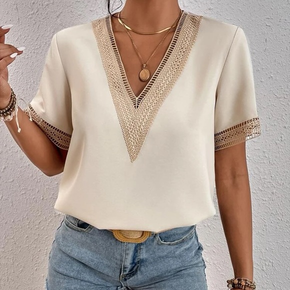 Boho Brown V Neck  Lace Solid Minimalist Blouse - Picture 12 of 15